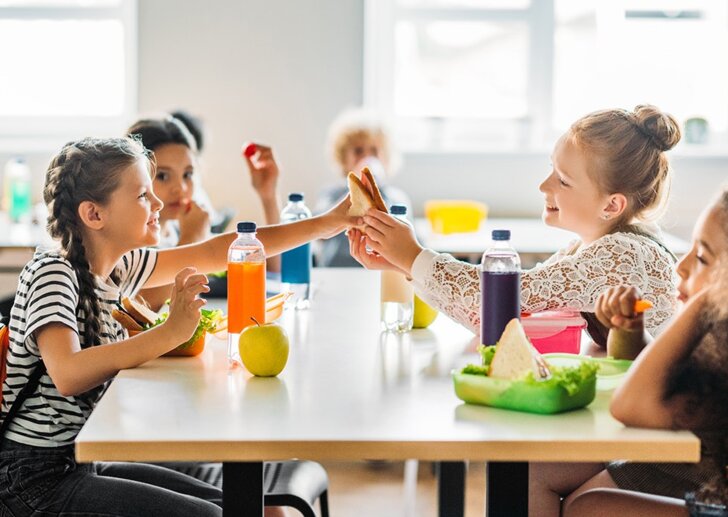 Eine Gruppe von Schülerinnen, die in der Schule zusammen essen | © iStock/LightFieldStudios